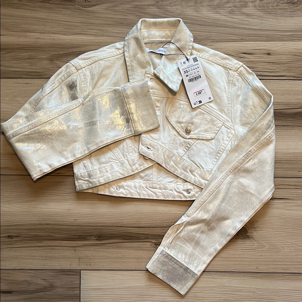 Zara Women’s White/Metallic Cropped Jean Jacket